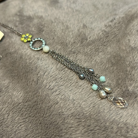 Liz Palacios Mint Alabaster, Green Enamel, Crystals & Fresh Water Pearl Necklace - Picture 2 of 12